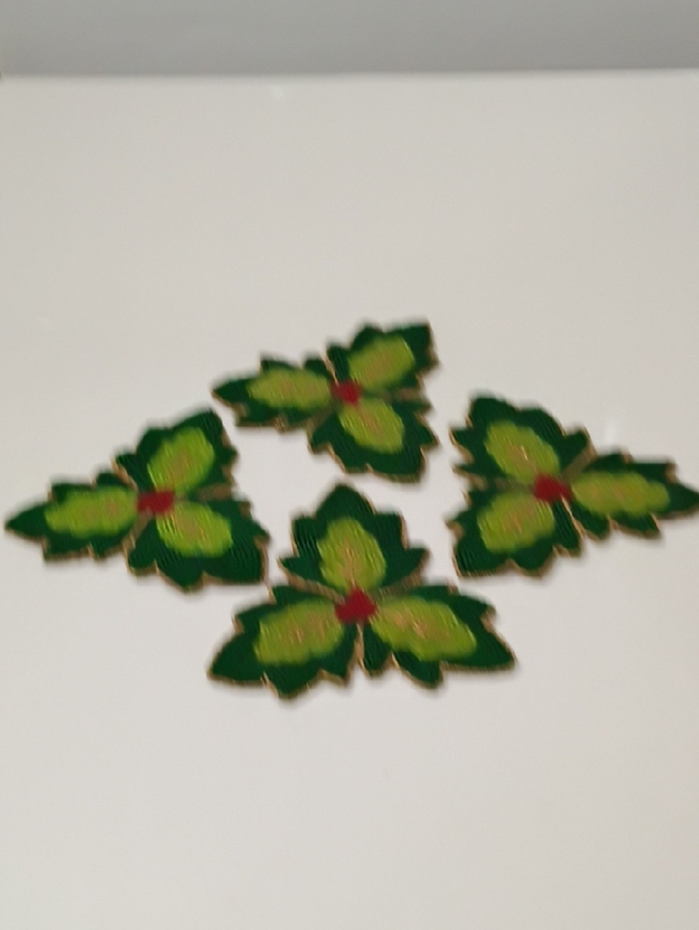 Vintage Beaded Green Floral Coasters with Red Centers - Set of 4